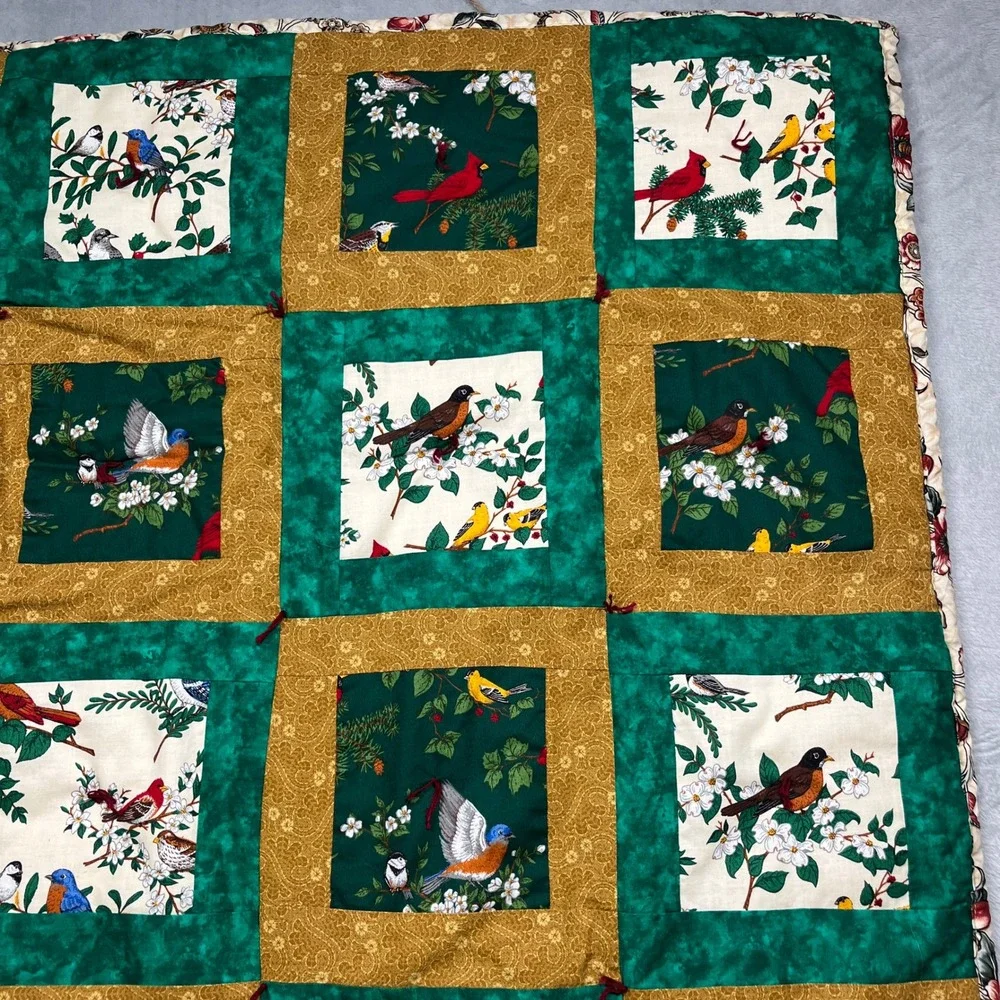 Handcrafted Bird Patchwork Tied Quilt 52x34 Green Gold Floral Reversable